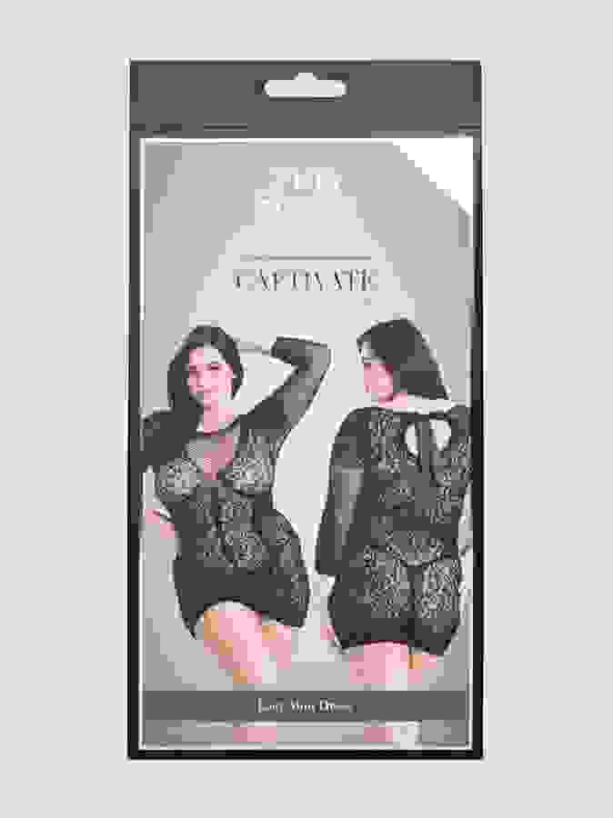 Fifty Shades of Grey Captivate Plus Size Black Lace Long Sleeve Mini Dress, Black, hi-res